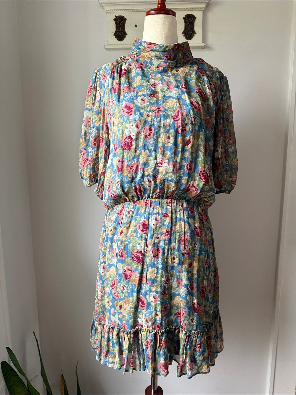 Sezane Margareth Dress Blue Floral High-Neck Tiered Mini Summer Boho 42/US10 - Picture 2 of 8